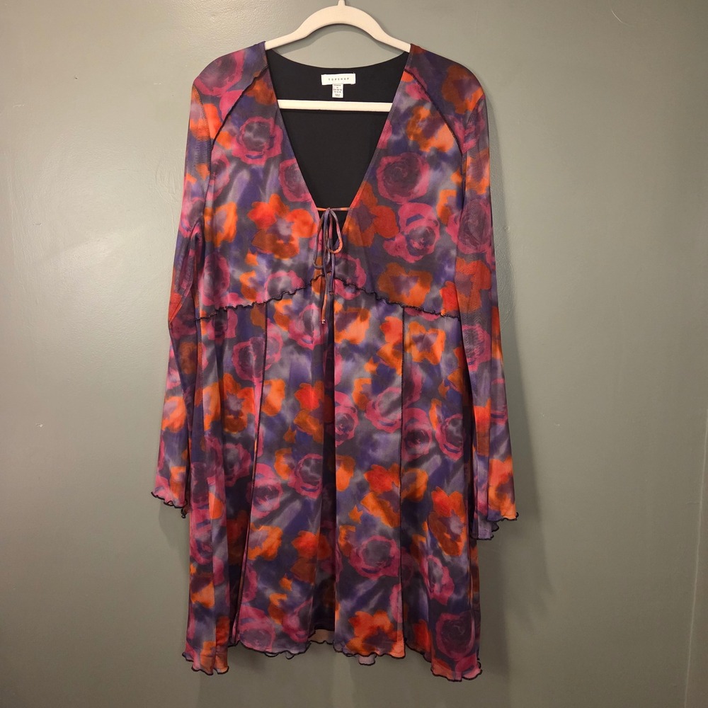 Topshop Curve Women's Long Sleeve Mesh Floral Print Mini Dress Size XL